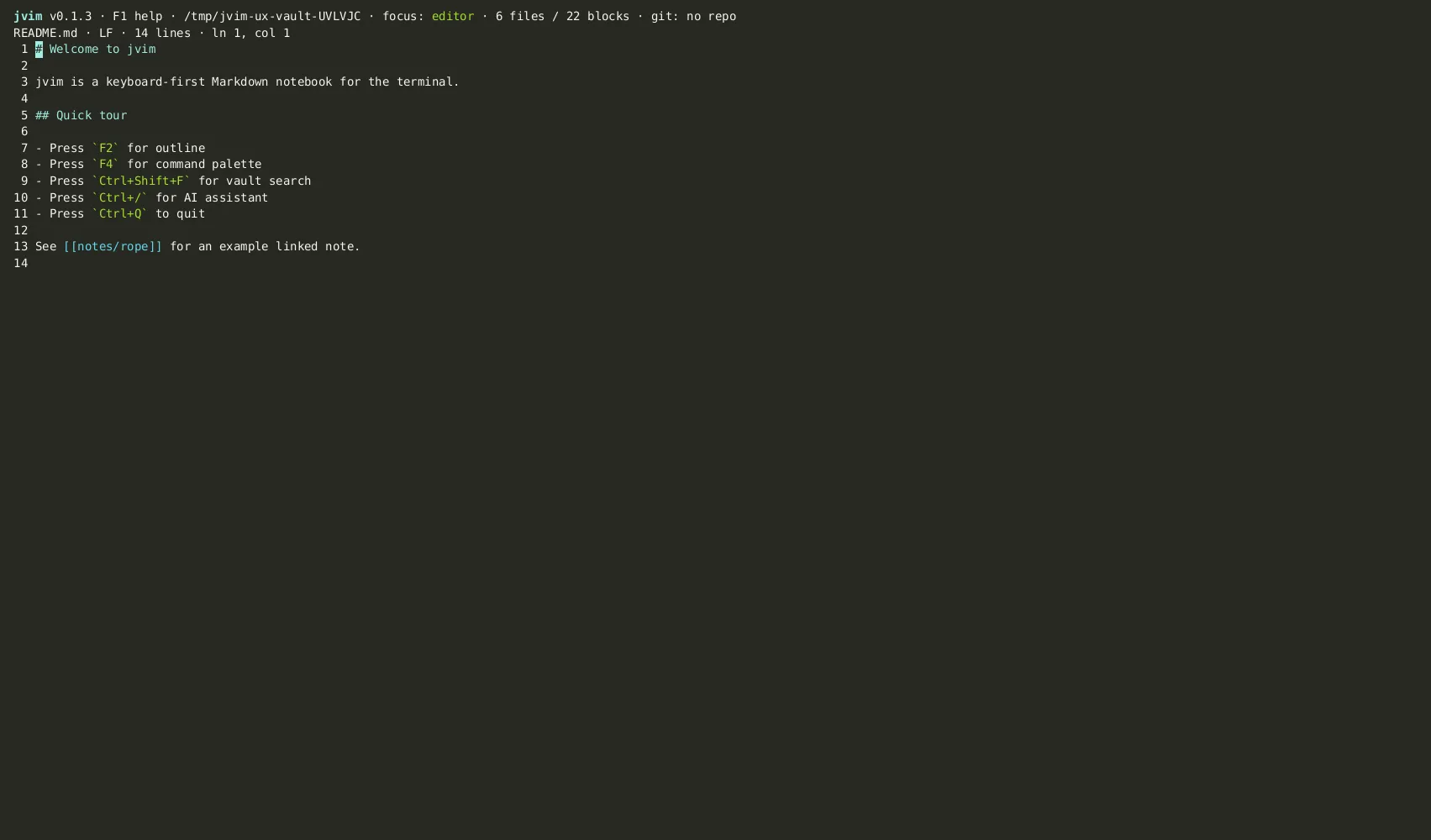 jvim editor opened on a README file